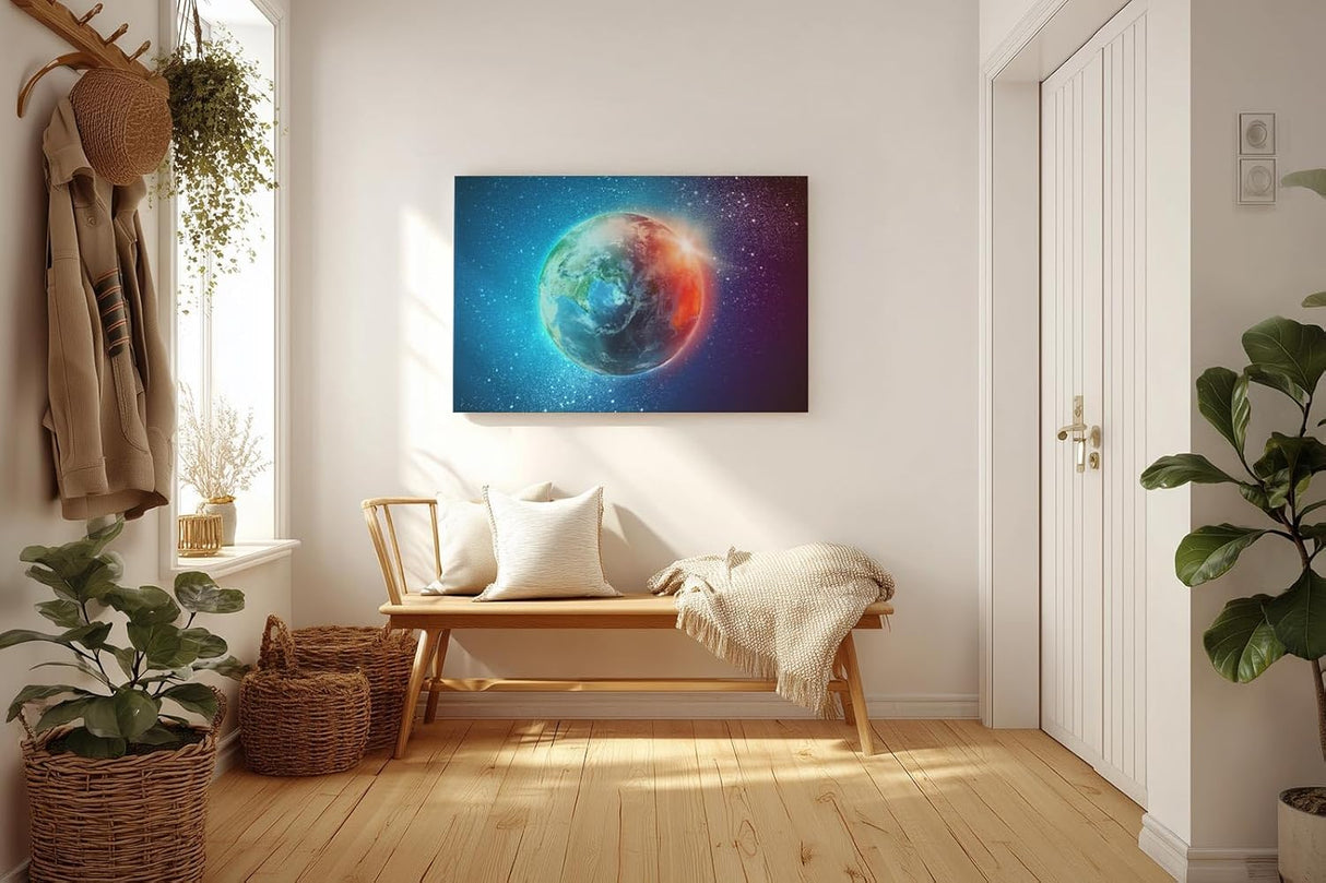 Sinus Art Wandbild 120x80cm Leuchtender Erdball vor funkelndem Sternenhimmel mit realistischer Tiefe