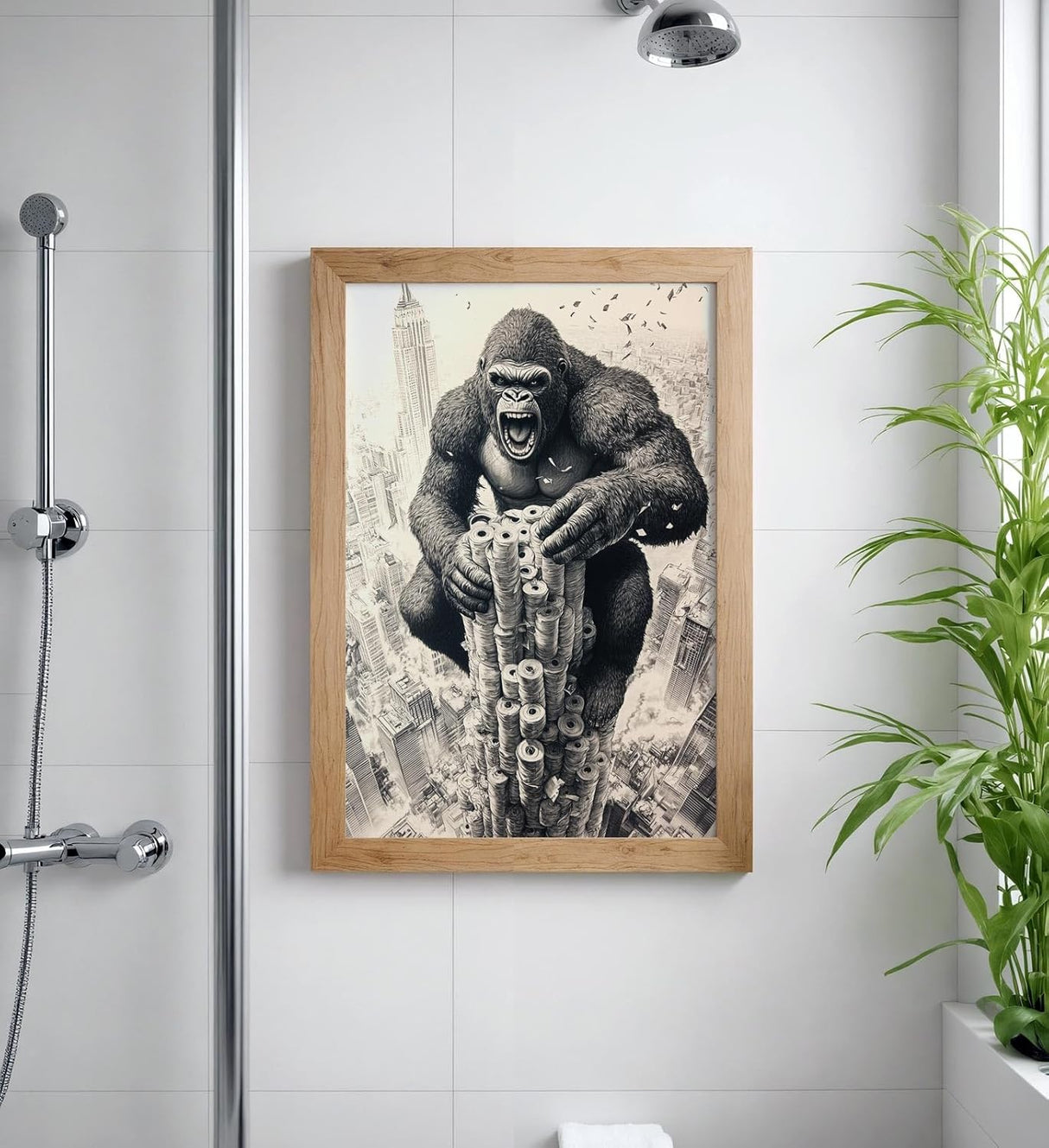 Paul Sinus Poster/Leinwandbild/Rahmenoption – King Kong auf dem Klopapier-Turm – Lustige WC-Deko für dein Badezimmer