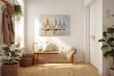 Sinus Art Wandbild 120x80cm Dynamisches Motiv mit sieben Segelbooten in Blau und Goldtönen – stilvoll und maritim zugleich