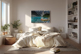 Sinus Art Wandbild 120x80cm Bergsee mit Kanus vor atemberaubender Bergkulisse für inspirierende Raumwirkung