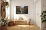 Sinus Art Wandbild 120x80cm Stimmungsvolles Naturmotiv mit fließendem Bach im nebelverhangenen Herbstwald – lebendig und tiefgründig