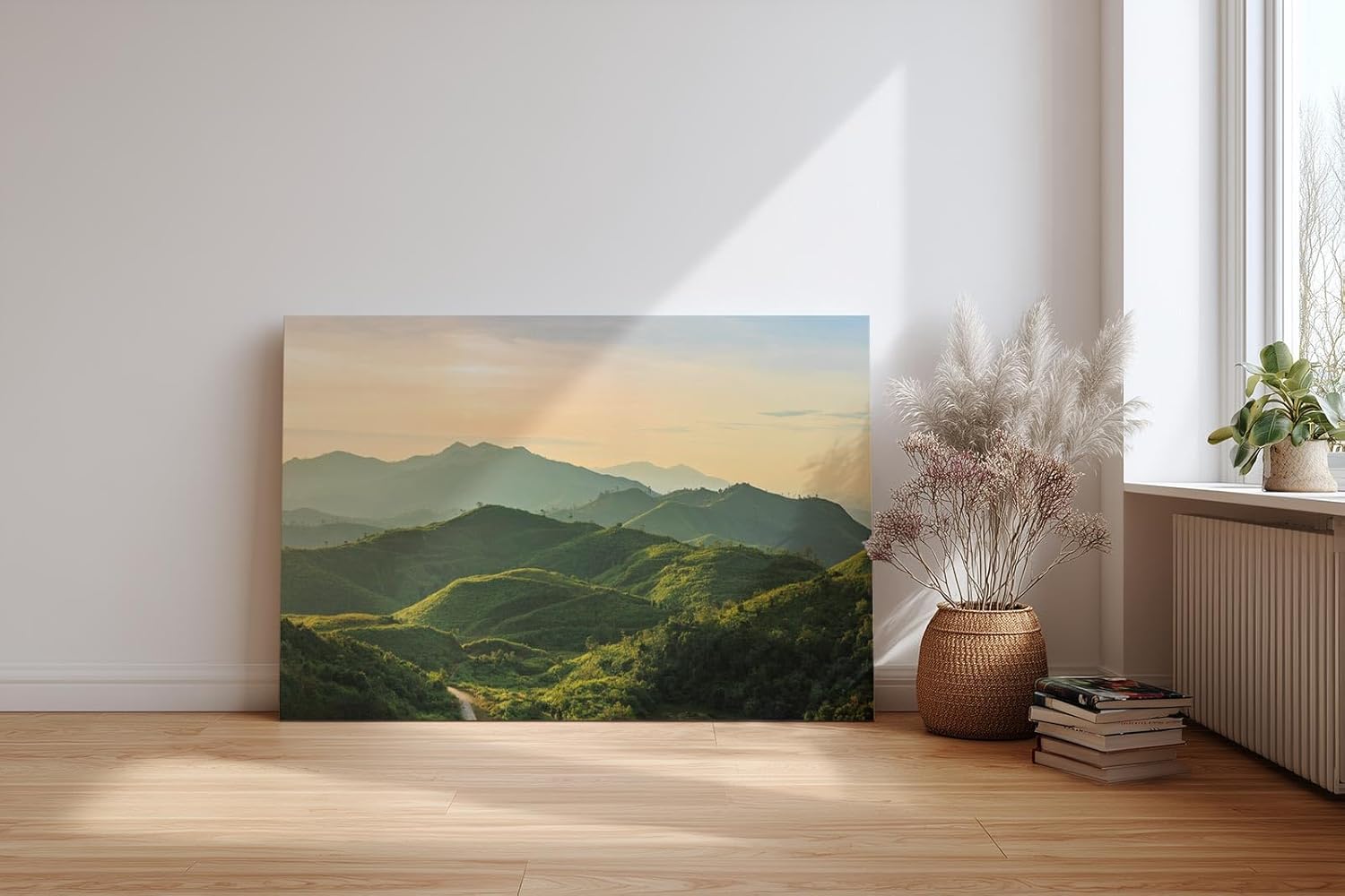Sinus Art Wandbild 120x80cm Sanftes Hügelland mit Lichtstimmung für beruhigende und naturnahe Raumwirkung