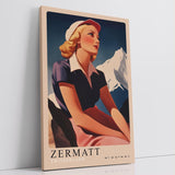 Paul Sinus Leinwandbild 80x120cm Leinwandbild Retro Lady Zermatt Alpen Vintage Reiselust Schweiz Nostalgie stilvolle Eleganz Kunstmotiv Berglandschaft