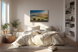 Sinus Art Wandbild 120x80cm Sanfte Hügel mit Olivenbäumen und Zypressen im Dunst des Sonnenaufgangs