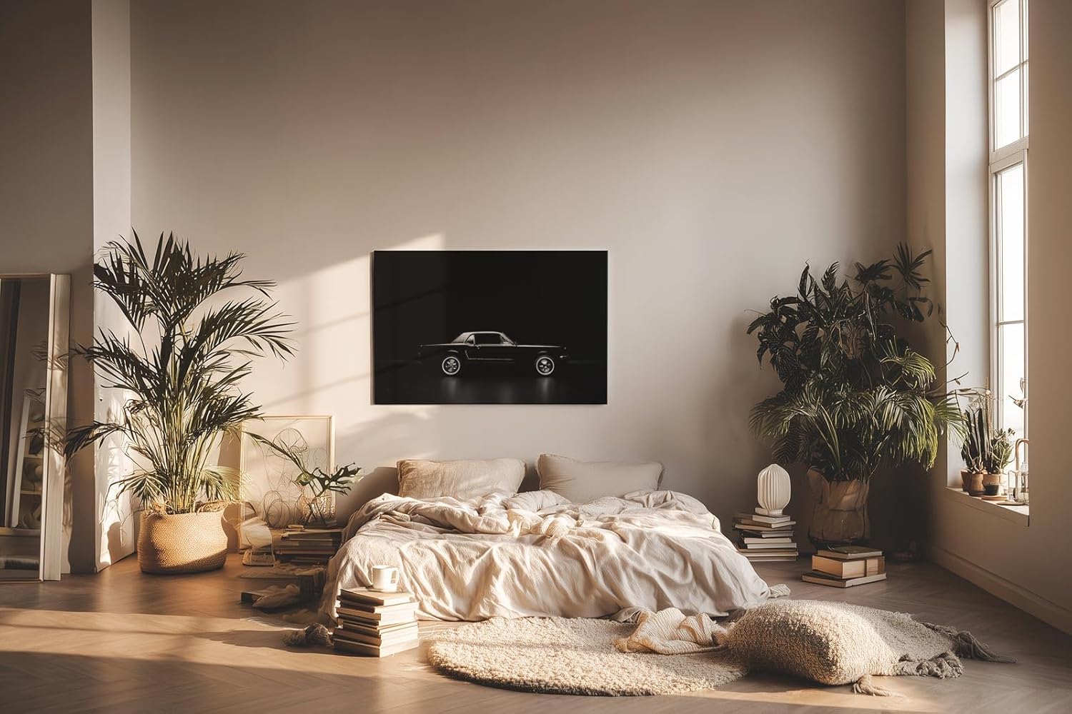Sinus Art Wandbild 120x80cm Eleganter Oldtimer im minimalistischen Lichtspiel – Symbol für Zeitlosigkeit und Stil