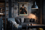 Paul Sinus Wandbild in 40x60cm Frau in elegantem schwarzen Kleid auf Lederstuhl – stilvolles Porträt in moderner Maltechnik