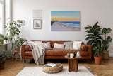 Sinus Art Wandbild 120x80cm Strand und Skyline in perfekter Balance – modernes Motiv zwischen Natur und Stadt
