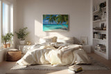 Sinus Art Wandbild 120x80cm Tropischer Strand mit weißen Sand und schattenspendenden Palmen als Urlaubsidyll