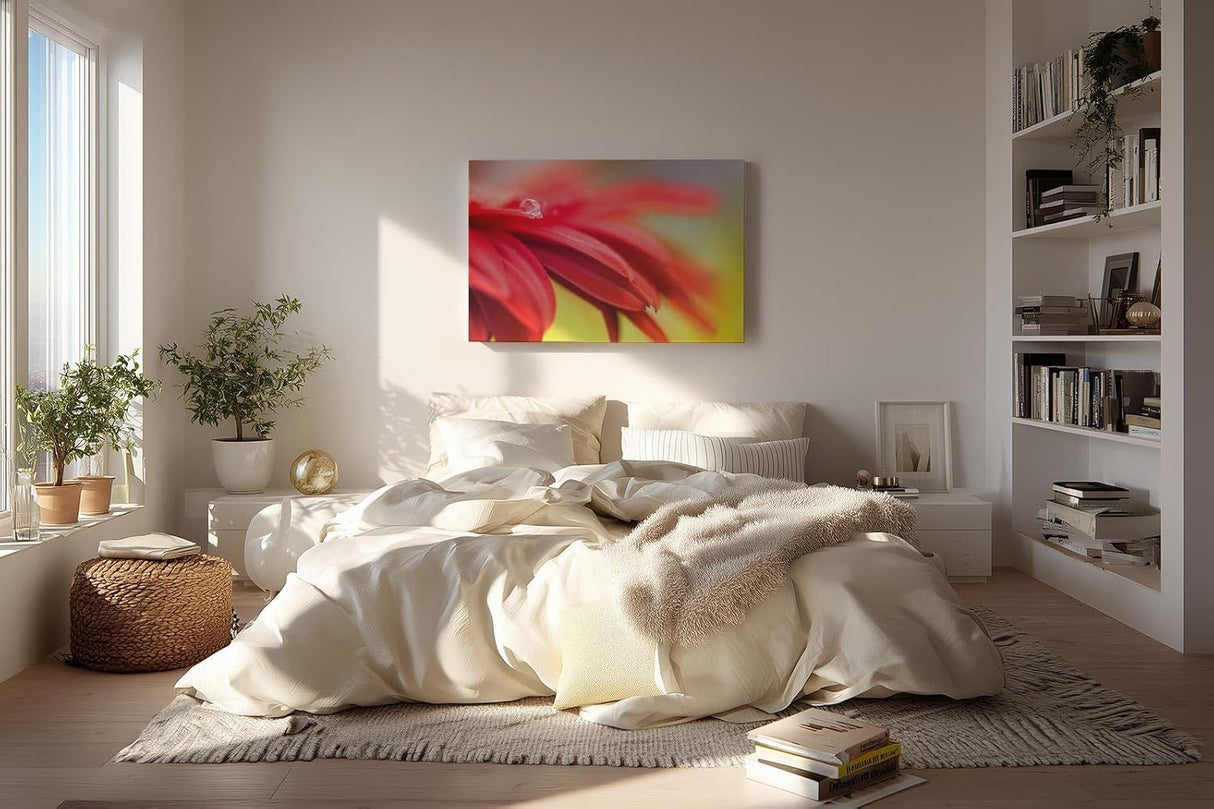Sinus Art Wandbild 120x80cm Detailreiche Nahaufnahme roter Blütenblätter mit glitzerndem Tautropfen