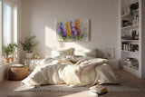 Sinus Art Wandbild 120x80cm Vielfarbige Blütengruppen in Lila Orange Weiß und Gelb – lebendig und künstlerisch interpretiert