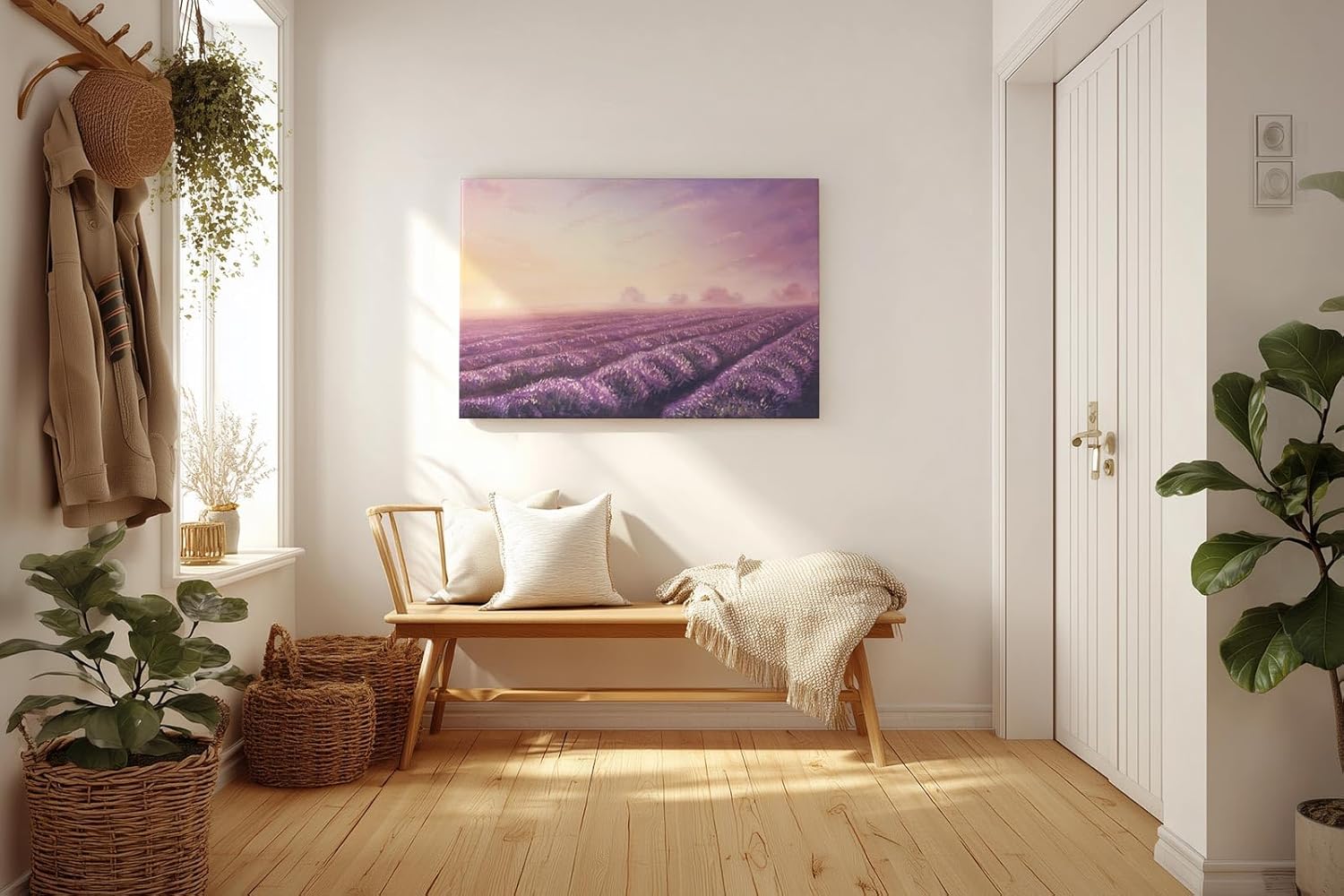 Sinus Art Wandbild 120x80cm Friedliche Landschaft mit Lavendelreihen und weichem Abendlicht für stimmungsvolle Atmosphäre