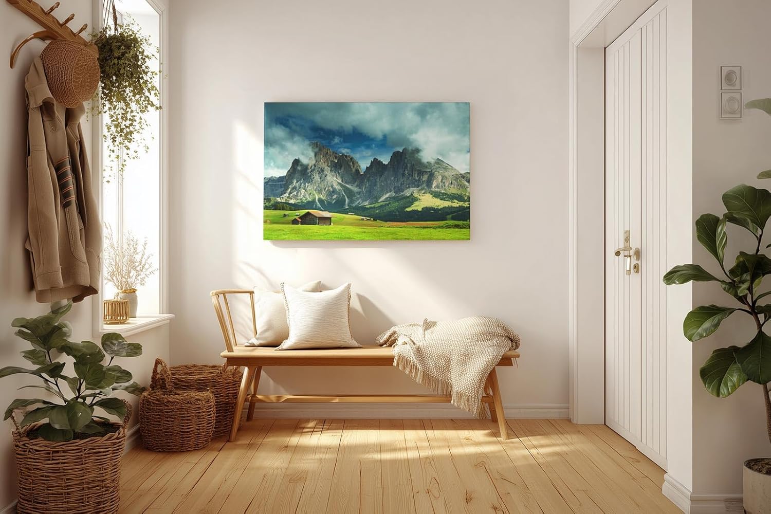 Sinus Art Wandbild 120x80cm Weite Almwiese mit dramatischer Bergkulisse und Hütten – frisch, ehrlich, kraftvoll