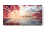 Sinus Art Wandbild 120x80cm Blick auf schneebedeckten Fuji hinter rosa Blüten über stillem Wasser