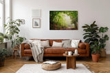 Sinus Art Wandbild 120x80cm Faszinierender Waldweg mit mystischem Nebel für Ruhe und Tiefe in jedem Raum