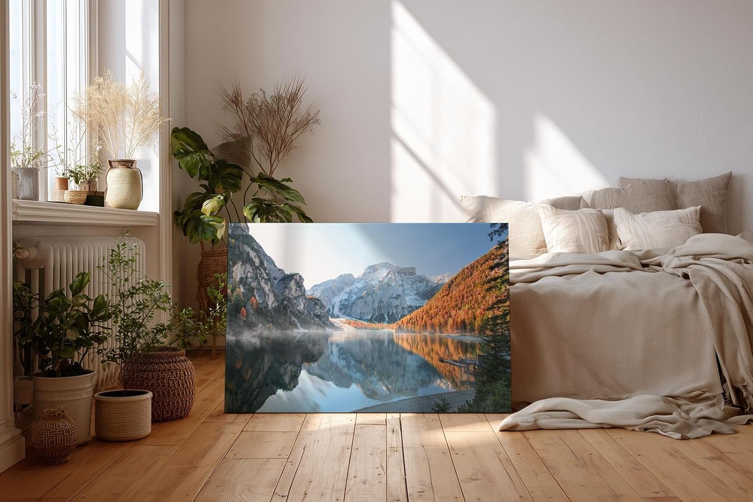 Sinus Art Wandbild 120x80cm Spiegelglatter See vor verschneiten Bergen und herbstlich gefärbtem Wald