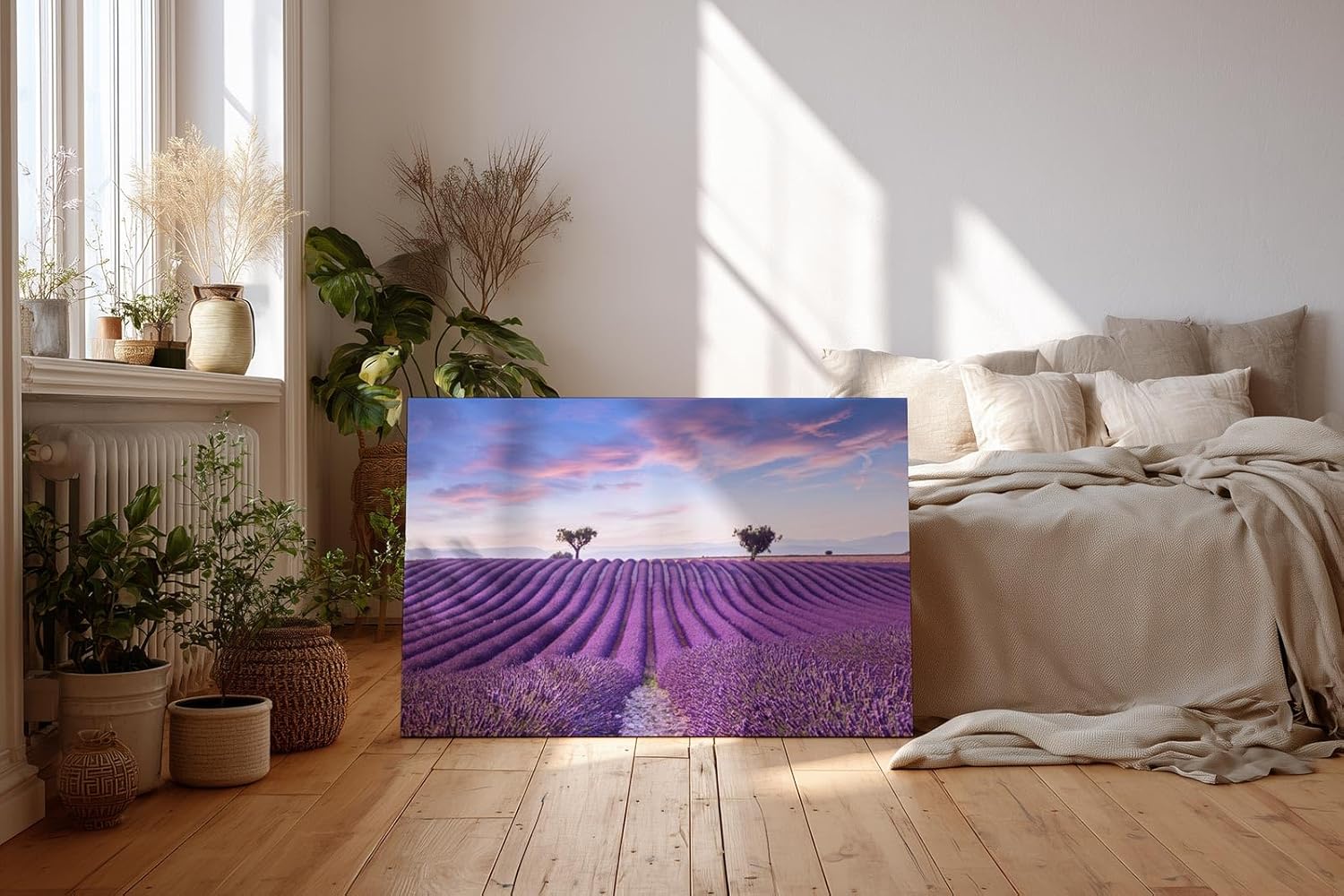 Sinus Art Wandbild 120x80cm Perfekt ausgerichtete Lavendelreihen unter farbigem Himmel für meditative Raumwirkung