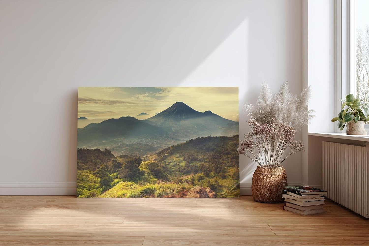 Sinus Art Wandbild 120x80cm Mächtiger Vulkan in weiter Gebirgslandschaft mit grünen Hügeln und aufgehender Sonne