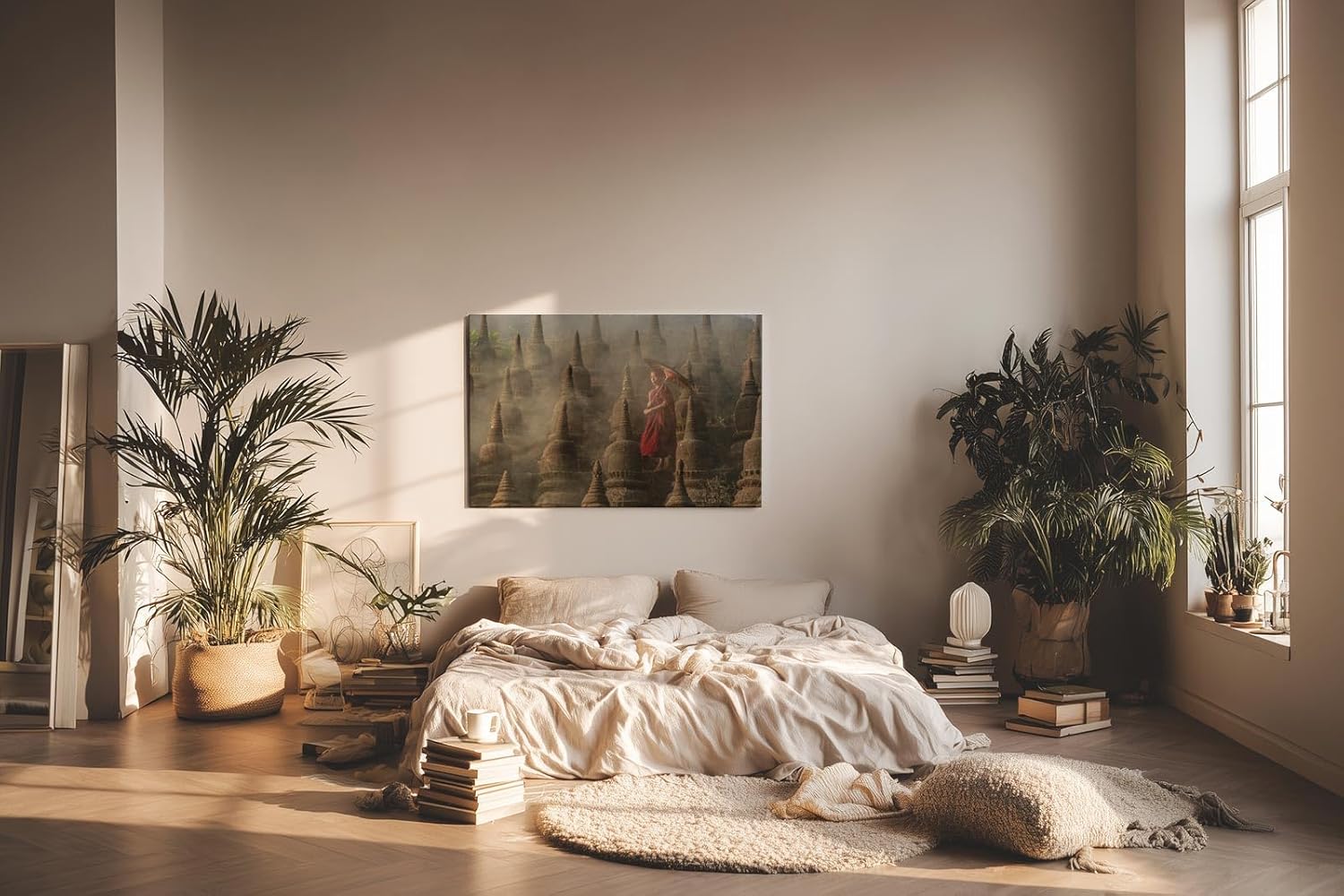 Sinus Art Wandbild 120x80cm Junger Mönch mit Schirm zwischen alten Stupas – Symbol für Glaube und Einkehr