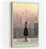 Paul Sinus Wandbild in 40x60cm A Heartbeat in Manhattan – Frau auf Balkon mit Blick auf New Yorker Skyline im Abendlicht, stimmungsvolles Stadtmotiv