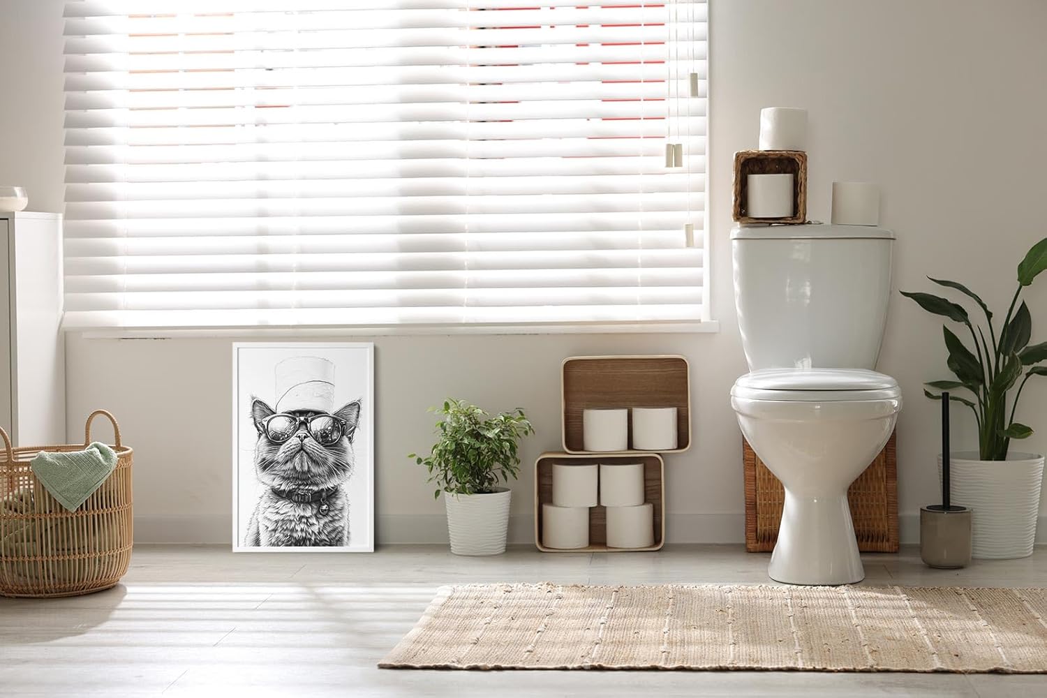 Paul Sinus Poster/Leinwandbild/Rahmenoption – Coole Katze mit Klopapierhut – Lustige WC-Deko für dein Badezimmer