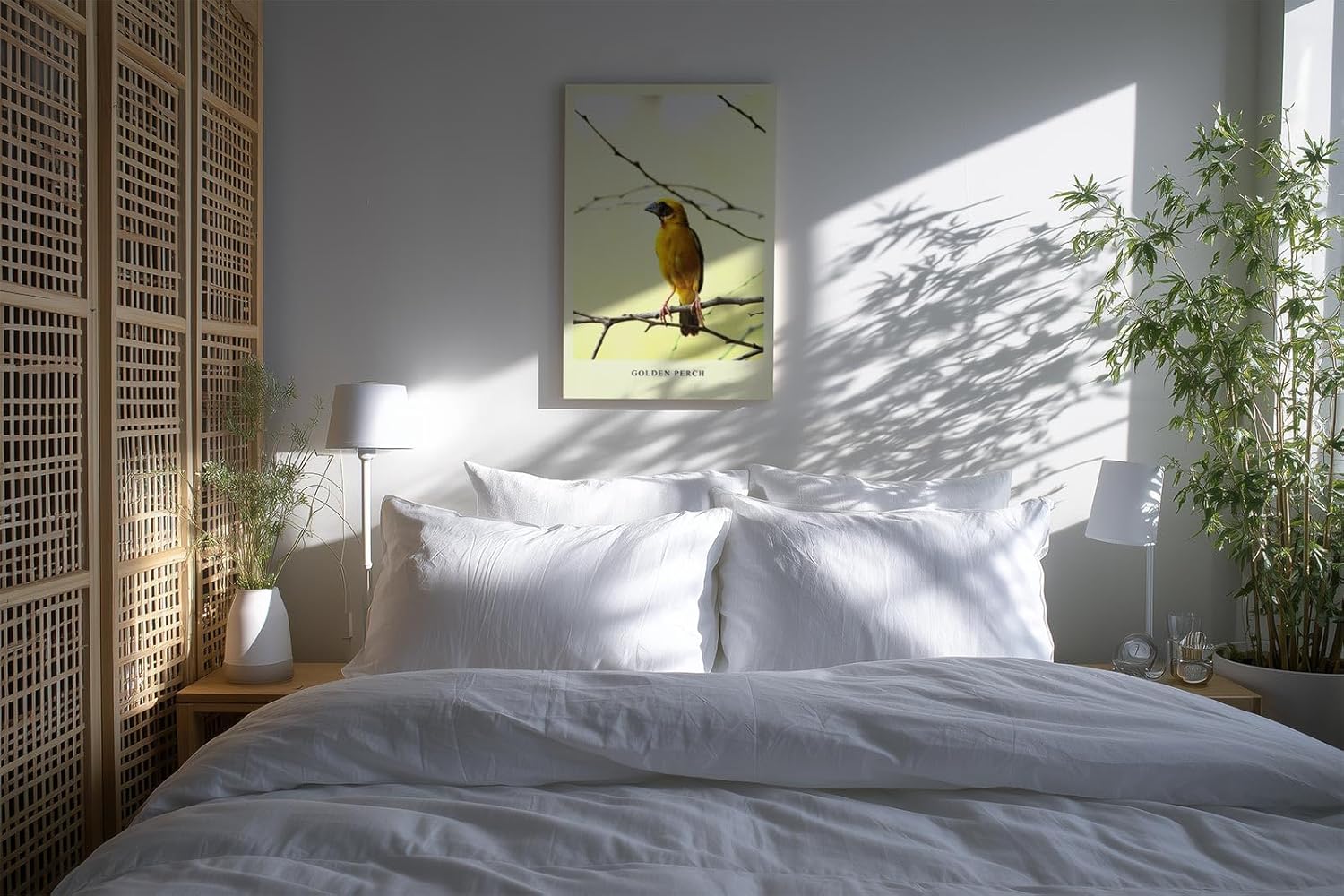 Paul Sinus Kunstdruck 40x60cm Golden Perch mit gelbem Singvogel auf Ast vor hellem Hintergrund
