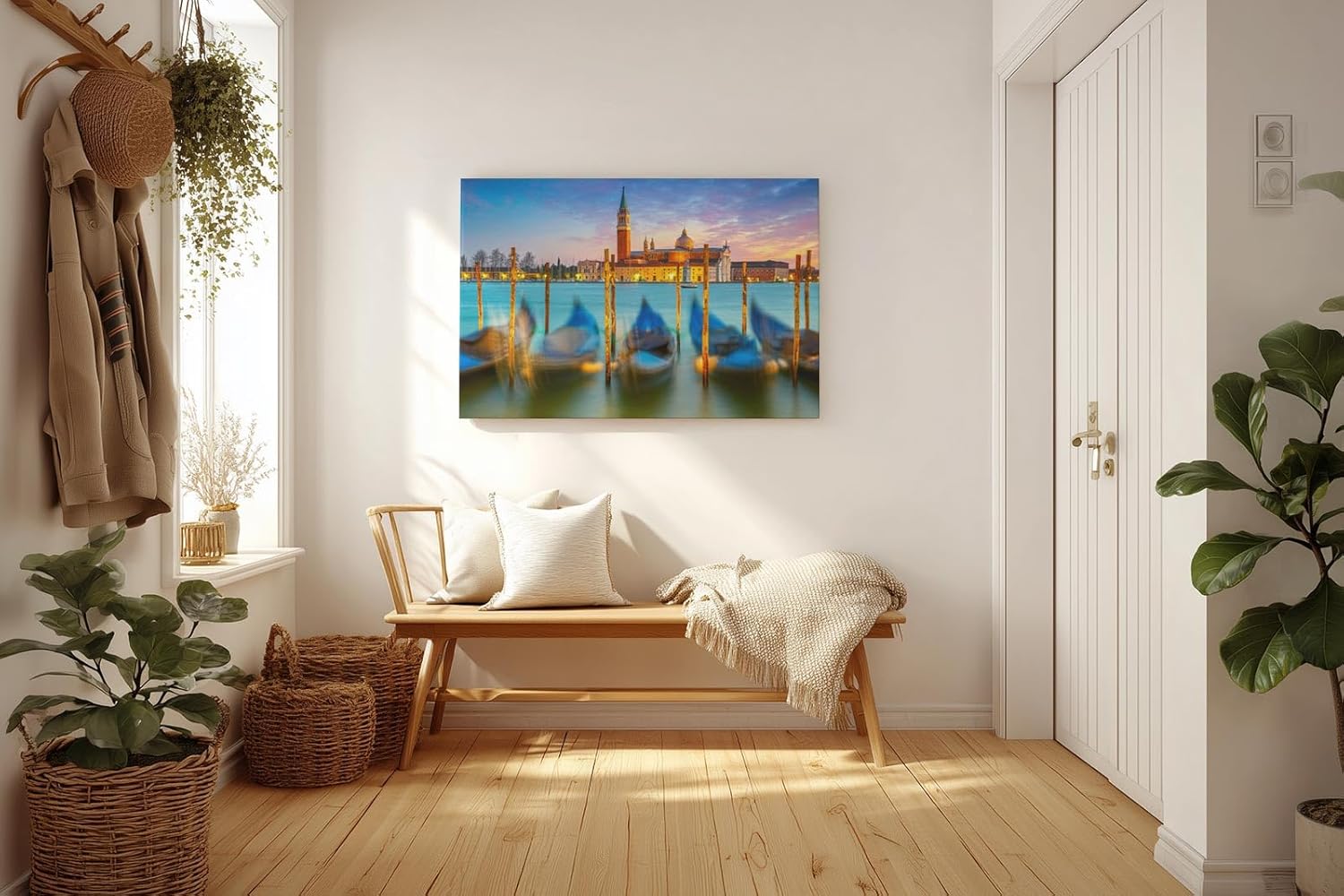 Sinus Art Wandbild 120x80cm Gondeln schaukeln vor San Giorgio Maggiore im warmen Licht der untergehenden Sonne