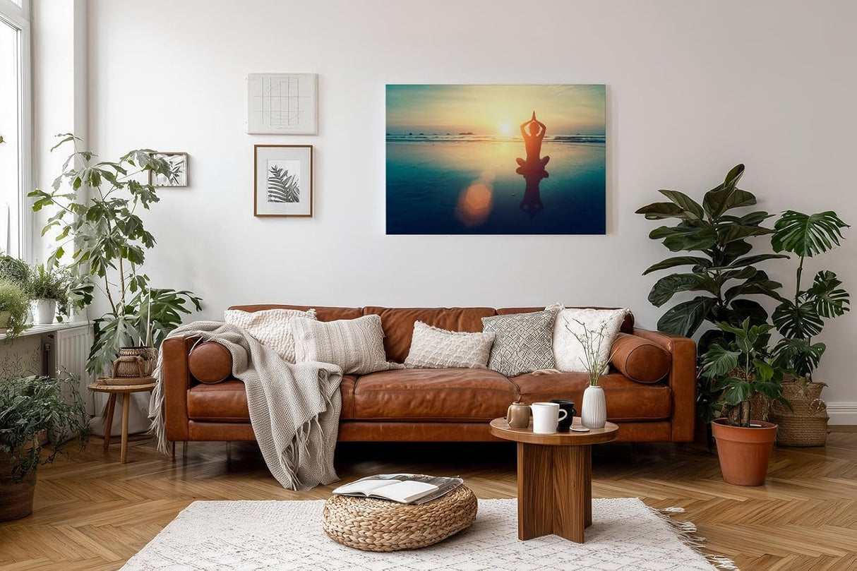 Sinus Art Wandbild 120x80cm Silhouette beim Yoga im Sonnenuntergang – Sinnbild für Balance und Achtsamkeit