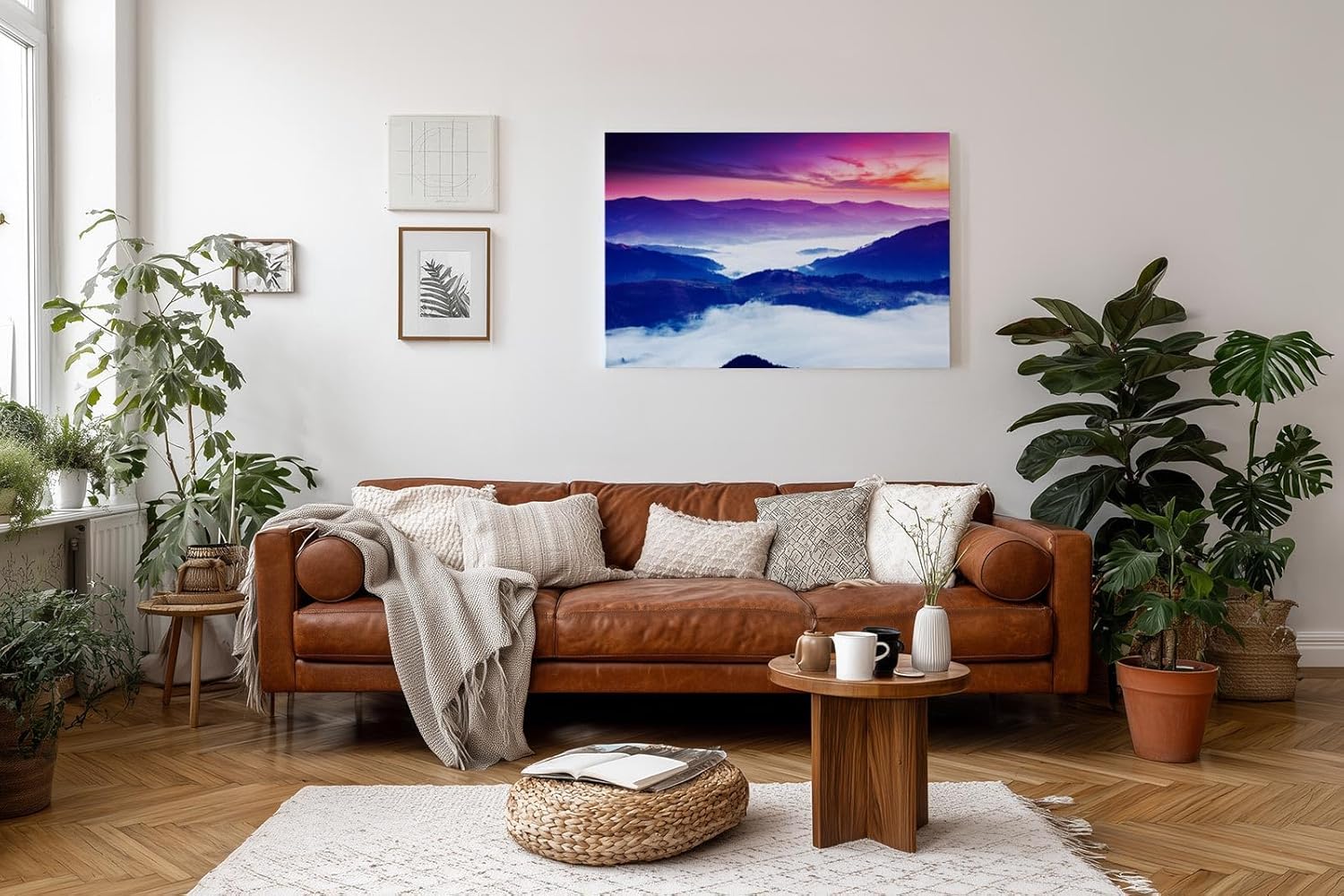 Sinus Art Wandbild 120x80cm Stimmungsvolle Bergsilhouette mit Nebelmeer im Tal und farbenprächtigem Himmel