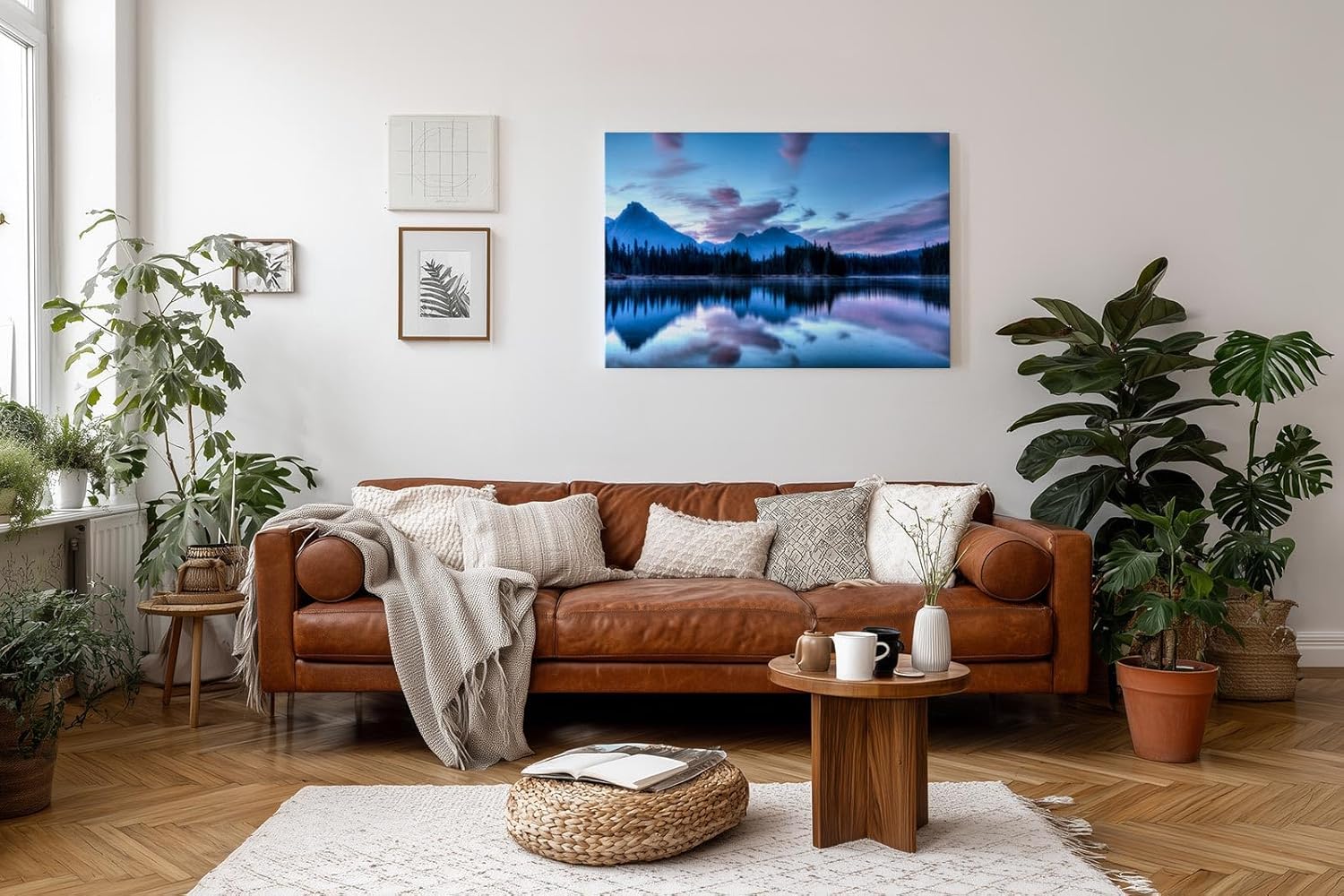 Sinus Art Wandbild 120x80cm Spiegelung von Bergen und Wald im ruhigen Wasser erzeugt eine meditative Wirkung
