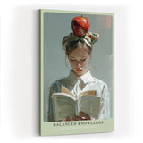 Paul Sinus Wandbild in 40x60cm Balanced Knowledge – Kreatives Porträt einer jungen Frau mit Apfel auf dem Kopf, vertieft ins Lesen, moderne Bilder mit ausdrucksstarker Komposition