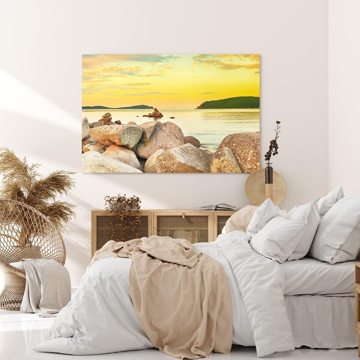 Paul Sinus Wandbild 120x80cm Felsen Meer roter Himmel Horizont Berge Sonnenuntergang