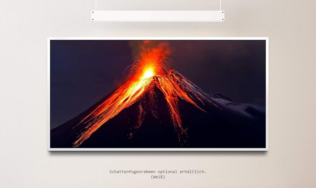 Vulkan mit Lava ca. 130x70cm Wandbild inklusive Schattenfugenrahmen weiss - Panorama Leinwand Bild XXL Format Wandbilder Wohnzimmer Wohnung Deko Kunstdrucke