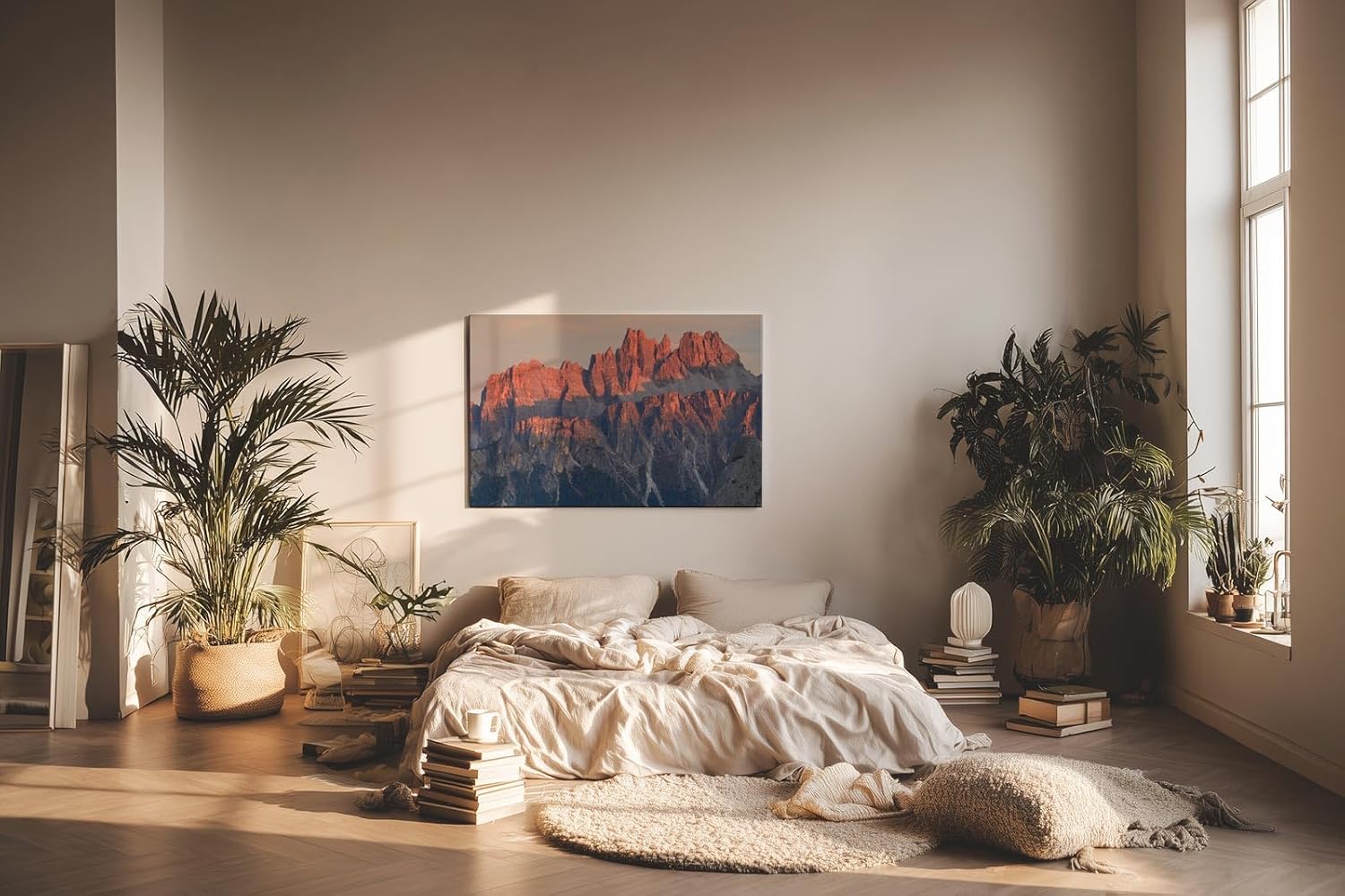 Sinus Art Wandbild 120x80cm Spektakuläre Felsformationen der Dolomiten im rötlichen Licht der untergehenden Sonne