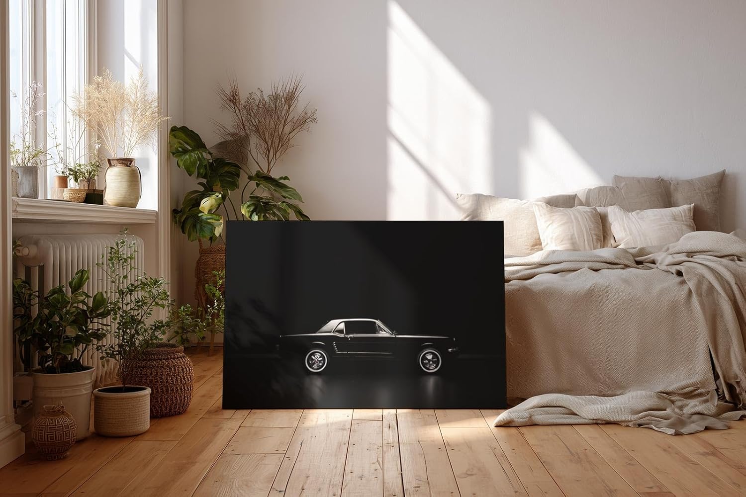 Sinus Art Wandbild 120x80cm Eleganter Oldtimer im minimalistischen Lichtspiel – Symbol für Zeitlosigkeit und Stil