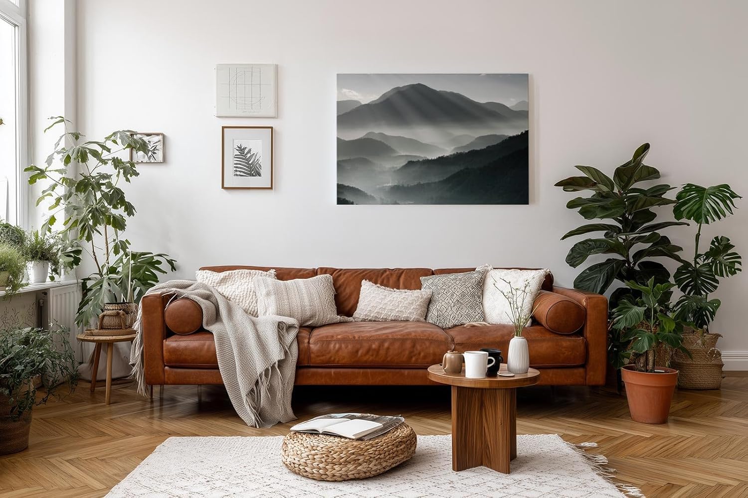 Sinus Art Wandbild 120x80cm Faszinierende Lichtstrahlen durchdringen den Morgennebel über mystischen Berglandschaften