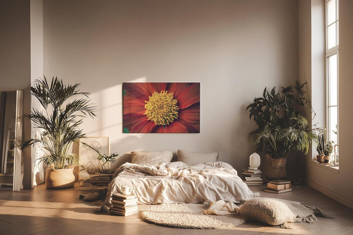 Sinus Art Wandbild 120x80cm Großaufnahme einer roten Blüte mit leuchtend gelbem Zentrum – naturstark und markant