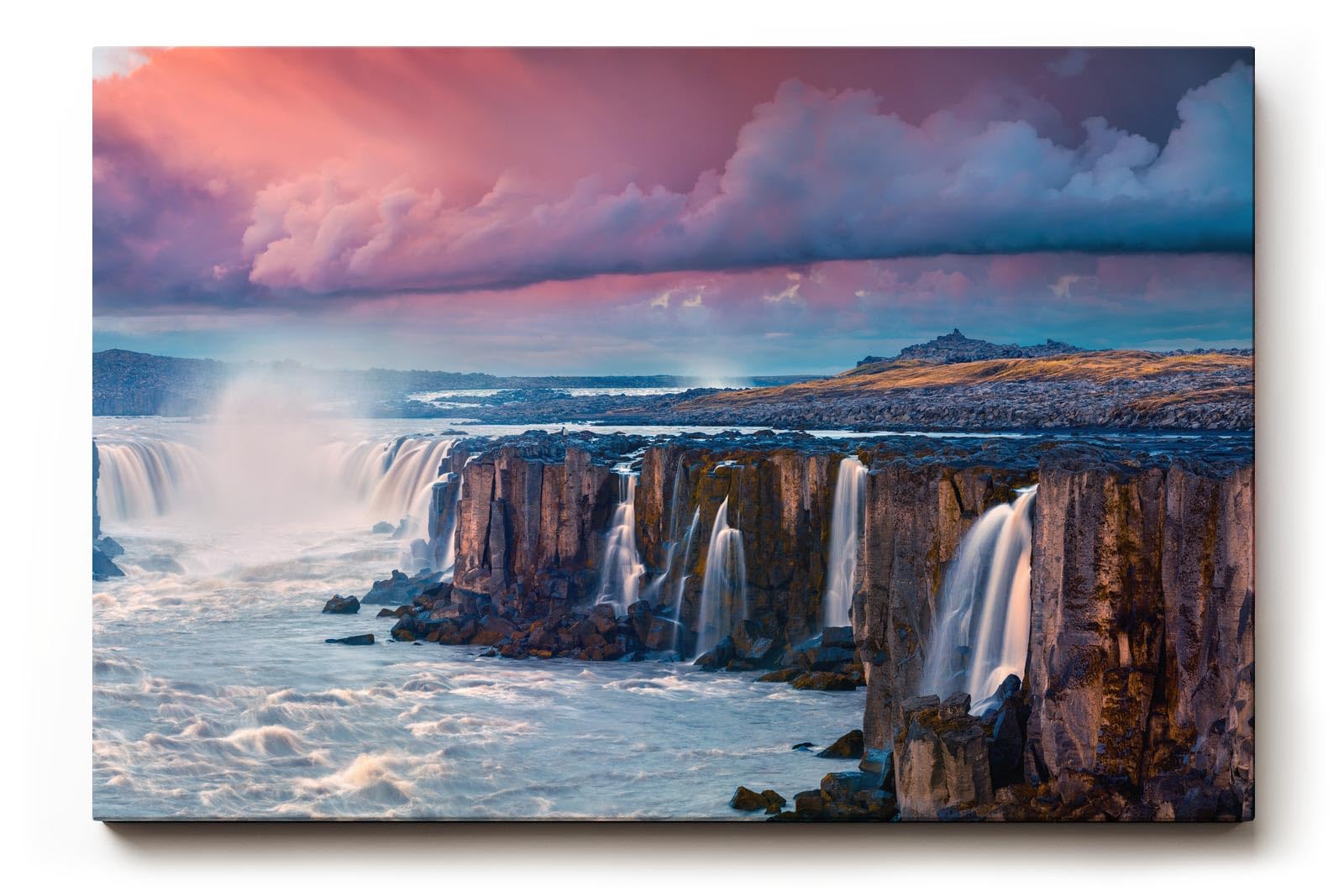 Sinus Art Wandbild 120x80cm Mächtige Wasserfälle vor weitläufiger Landschaft mit intensivem Himmel