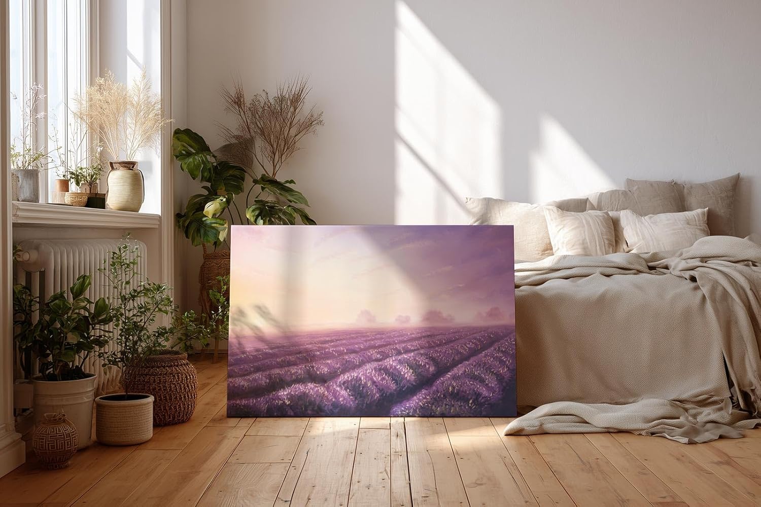 Sinus Art Wandbild 120x80cm Friedliche Landschaft mit Lavendelreihen und weichem Abendlicht für stimmungsvolle Atmosphäre