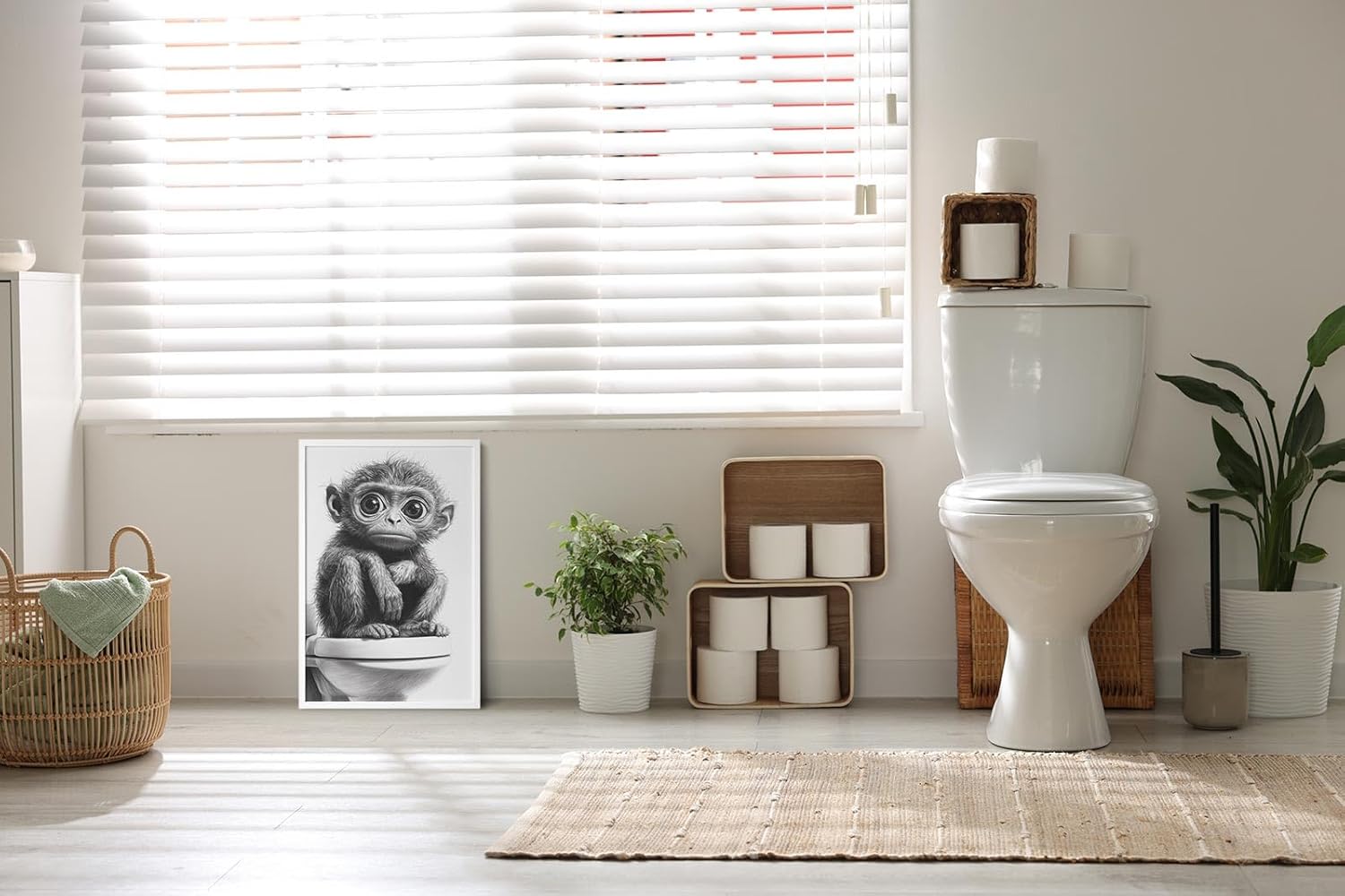 Paul Sinus Poster/Leinwandbild/Rahmenoption – Nachdenklicher Affe auf Toilette – Lustige WC-Deko für dein Badezimmer