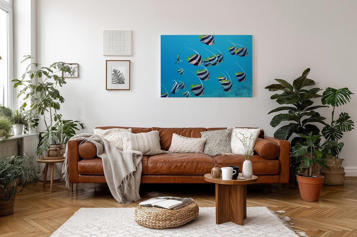 Sinus Art Wandbild 120x80cm Schwarm eleganter Bannerfische in natürlicher Bewegung – faszinierendes Meeresmotiv