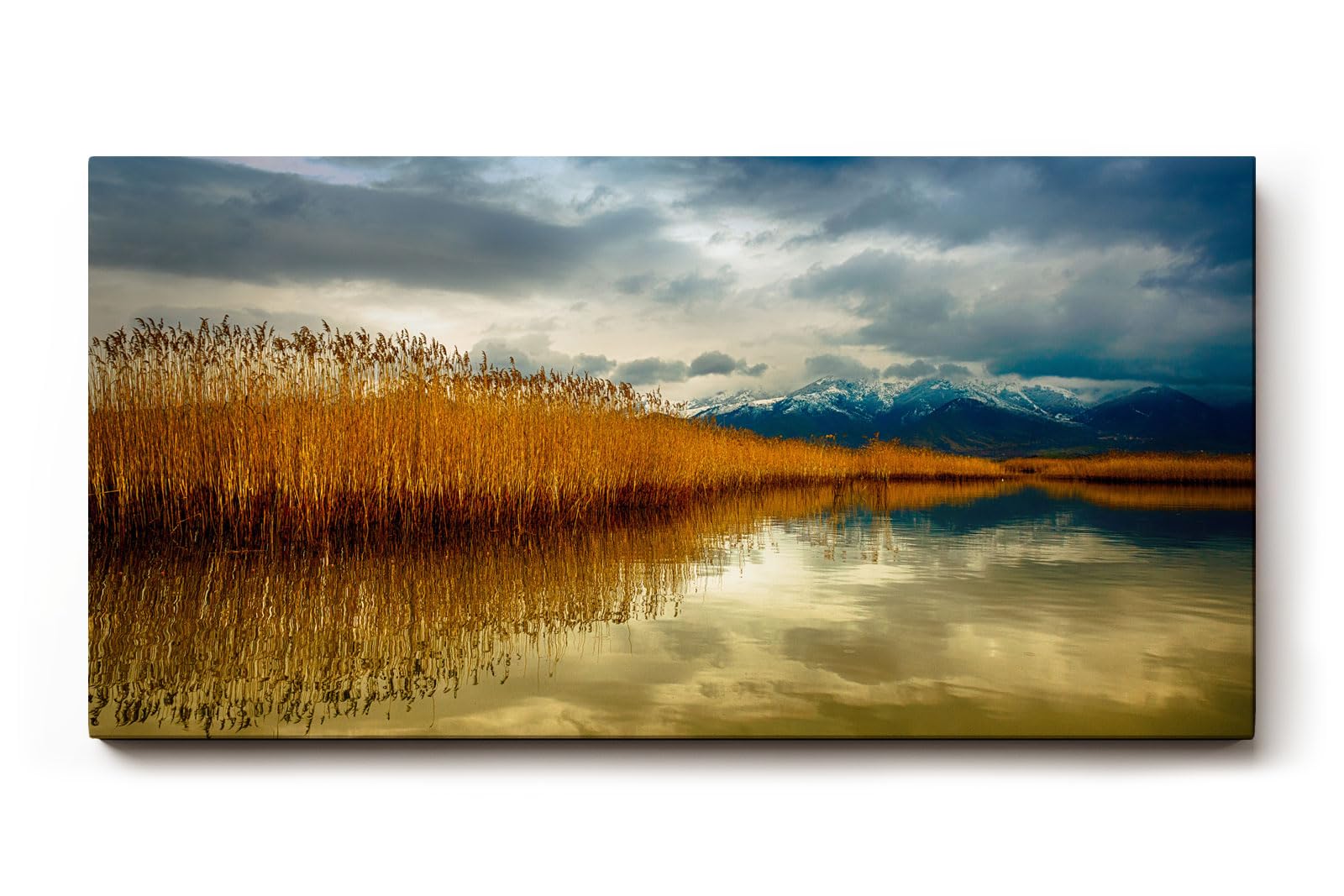 Sinus Art Wandbild 120x80cm Faszinierende Spiegelung von Schilf und Bergen in stillem Wasser – harmonisch und beruhigend