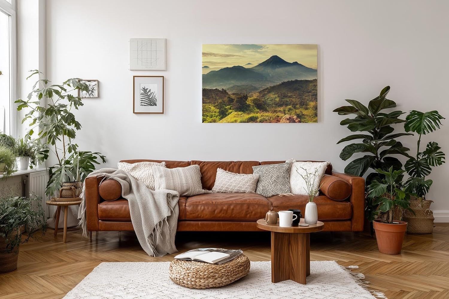Sinus Art Wandbild 120x80cm Mächtiger Vulkan in weiter Gebirgslandschaft mit grünen Hügeln und aufgehender Sonne