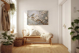 Sinus Art Wandbild 120x80cm Anmutiger Vogel auf einem Ast mit weißen Blüten vor harmonischem Hintergrund – ruhig und ausdrucksstark