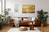 Sinus Art Wandbild 120x80cm Stimmungsvolle Aufnahme eines alten Holzstegs im goldenen Sonnenlicht auf offener See