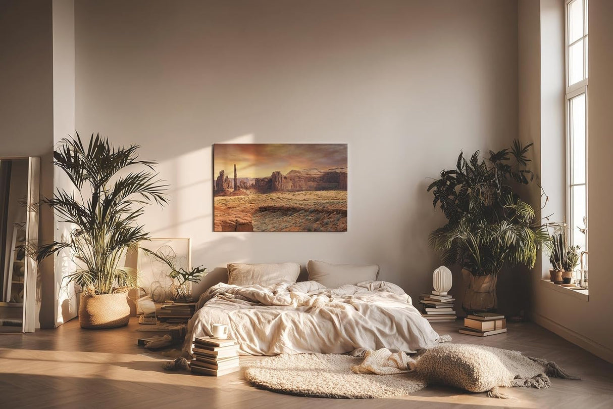Sinus Art Wandbild 120x80cm Faszinierende Gesteinsformationen unter goldenem Himmel in Western-Atmosphäre