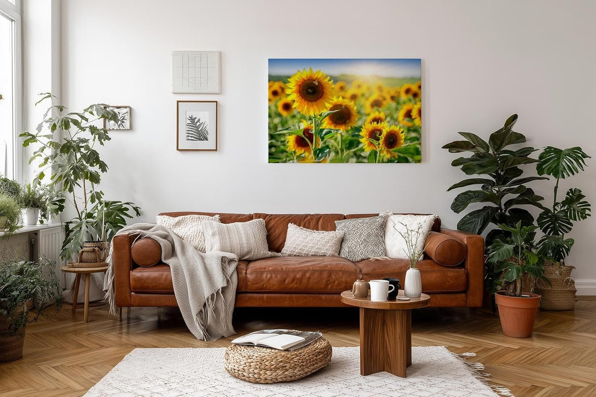 Sinus Art Wandbild 120x80cm Sonnenblumen in voller Blüte unter strahlender Sonne mit tiefer Perspektive