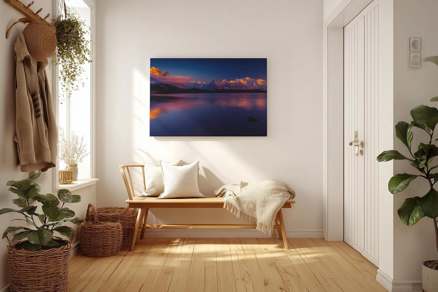 Sinus Art Wandbild 120x80cm Spektakuläre Alpenkulisse mit reflektierendem Wasser und leuchtenden Bergspitzen
