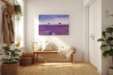 Sinus Art Wandbild 120x80cm Perfekt ausgerichtete Lavendelreihen unter farbigem Himmel für meditative Raumwirkung