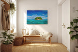 Sinus Art Wandbild 120x80cm Kleine tropische Insel mit Palmen und weißem Strand im türkisfarbenen Wasser