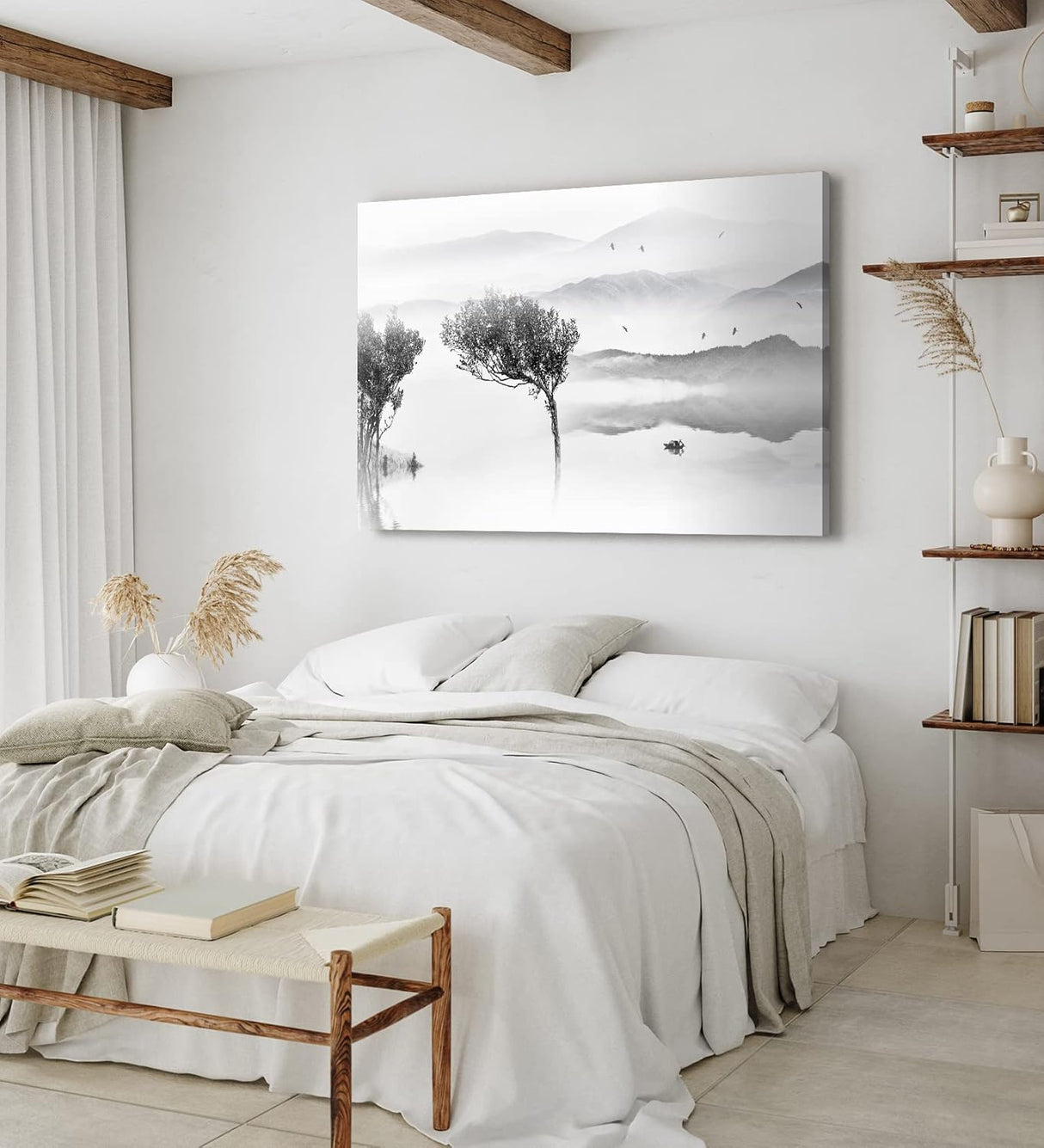 Paul Sinus Wandbild 120x80cm Berge See Fischerboot Schwarz Weiß Baum Kunstvoll